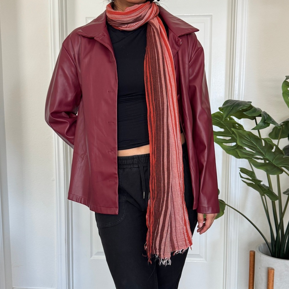 Retro Striped Lightweight Gauze Scarf Eyelash Fringe Trim Burgundy Orange Y2K